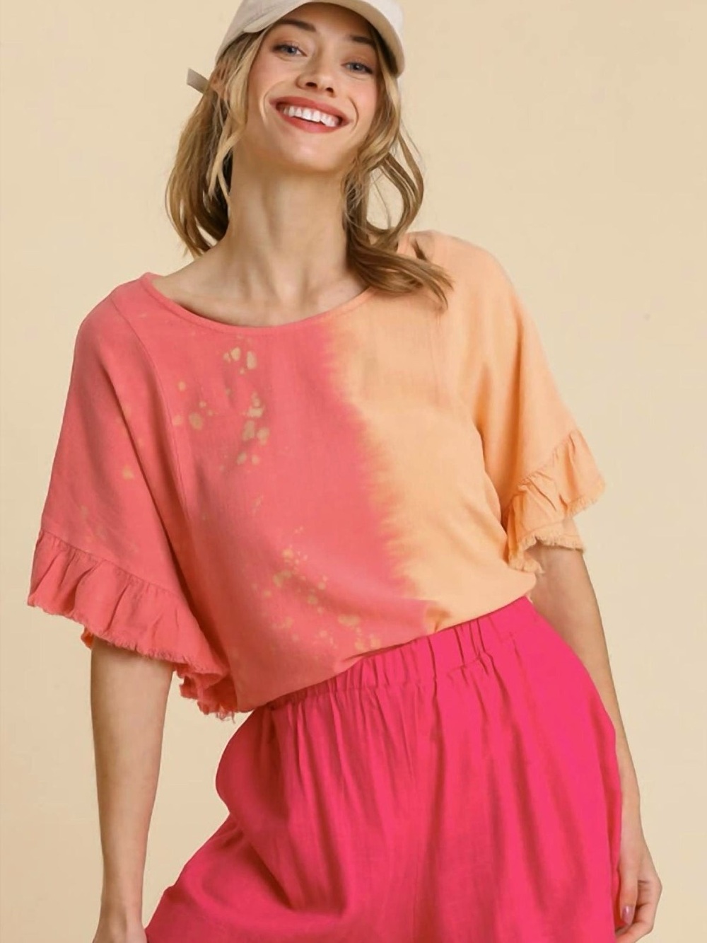 Umgee Dip Dye Linen Blend Top With Bleach Splatter Accent
